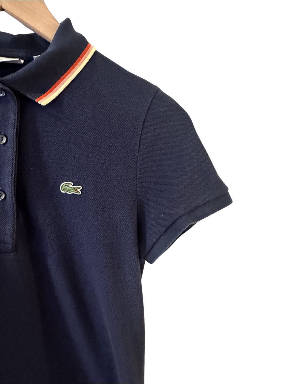 Lacoste Navy Pique Polo with Red, Yellow and Pink Trim Collar - Picture 4 of 5